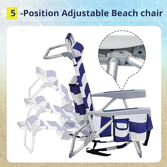Portable Lightweight Folding Chair for AdultsOutdoor Low Beach Lawn ChairsPortable Backpack Foldable Camping ChairFolding Beach Chairwith Cup Holderfor Patio Pool Yard Garden (Blue Stripes)