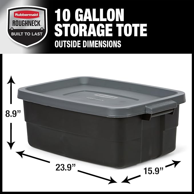 Rubbermaid 6-Pack Totes for Storage with Lids Heavy Duty Plastic Storage Bins with Lids Black Gray 10 GAL - Stackable for Garage Attic Camping (10 GAL - 6 Pack Solid Black and Grey)
