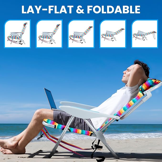 2 Pack Lightweight Portable Camping Beach Chair for Adult Outdoor Lay Flat Folding Beach Chairs with 5 Position Backpack Beach Chair with Towel Bar Zipper Pouch Cup Holder Rainbow Striped