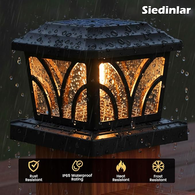 SIEDiNLAR Solar Post Cap Lights Outdoor Aluminum Glass 2 Modes Fence Post Caps for 4x4 5x5 6x6 Vinyl Wooden Posts Fence Deck Patio Decor Warm White/Cool White Lighting 2 Pack (Black)