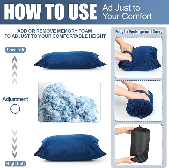 2 Pack Camping Pillow for Sleeping Shredded Memory Foam Travel Pillow with Storage Bag Compressible Portable Pillow for Outdoor Camp Backpacking Hiking Essential Gear(BlueMedium)