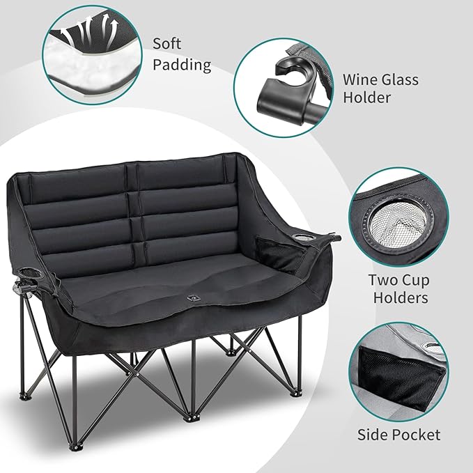 Slsy Oversized Double Camping Chair Folding 2 Person Camping Chair Loveseat Fully Padded Duo Chair Camping Couch Fold Up Double Camp Chair Lawn Chairs Camping Bench with Carrying Bag