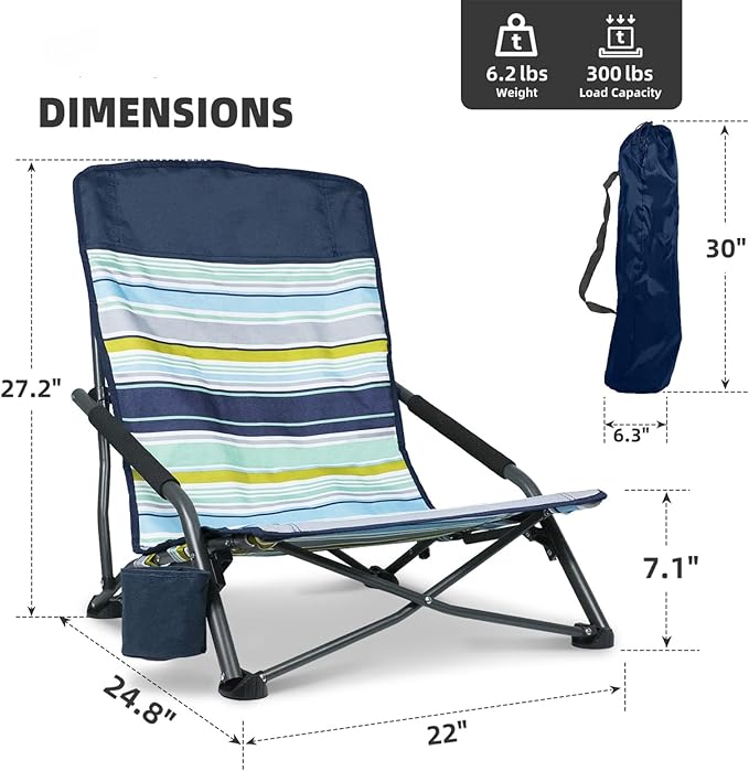 Portable Folding Beach Chair for Adults - Lightweight Low Back Sling Chair with Storage Pocket 300lbs Capacity Camping Chair for Outdoor Lawn Concert Travel (Orange-Colour Striped)