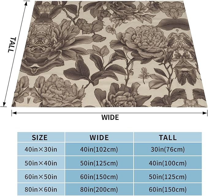 Retro Flowers 50x40 Printed Soft Fleece Blanket for Sofa Bed and Camping - Cozy Blanket for Travel Picnics Nighttime Use