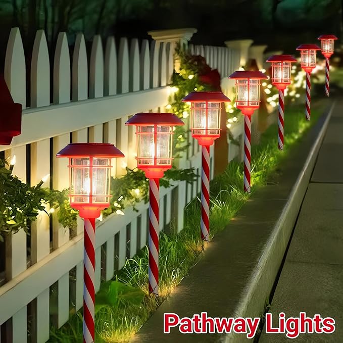 Dynaming 6 Pack Dual Use Solar Christmas Path Lights Outdoor Hanging Lantern Solar Garden Light with Edison Bulb Xmas Pathway Markers Auto On/Off Candy Cane Lights for Patio Yard Walkway Driveway