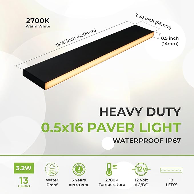 LUMENGY Paver Light Slim 0.5x16 Inch (0.55x15.75) 2700K Warm White Glare-Free Linear Lighting for Driveways Walkways and Paver Borders 12V Hardwired IP67 Waterproof Drive-Over Rated