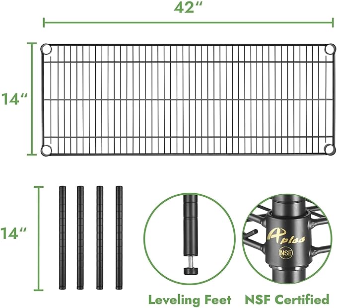 APLSS 14 D x 42 W x 14 H Black Heavy Duty Wire Shelving with 2 Tier Shelves NSF Certified Height Adjustable Wet&ampDry Environments for Kitchen Garage Walk-in Cooler&ampFreezer 800lbs Capaci