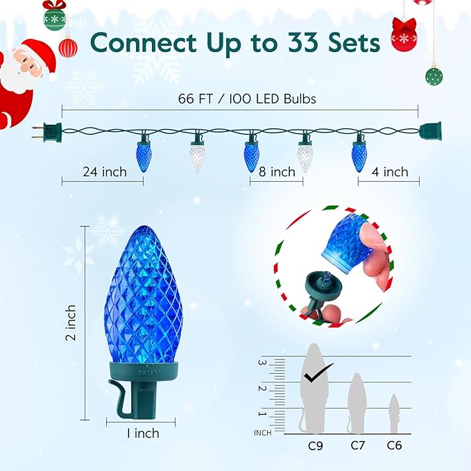 Brightown C9 LED Christmas Lights Outdoor 66 ft 100 LED Strawberry String Lights Waterproof Commercial Grade Extendable for Outside Roofline Patio Home Xmas Decoration Blue and White