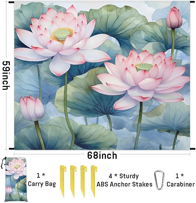 Lotus Flowers Leaf Lightweight Beach Blanket Waterproof Sandproof 59X68 Sand Free Beach Mat with 4 Stakes Compact Outdoor Blanket for Beach Quick Drying Picnic Mat for Travel Camping