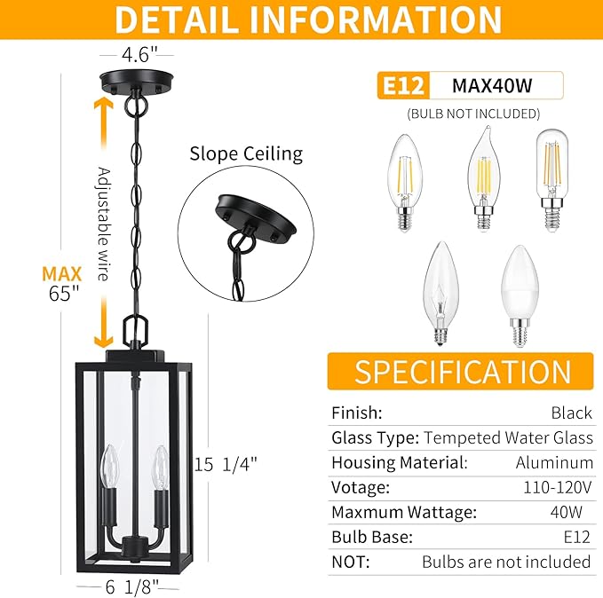 15'' Large Outdoor Pendant Light 2-Light Modern Black Metal Outside Chandelier Exterior Hanging Fixture Ceiling Mount with Clear Glass for Front Porch Entrance Foyer Entryway 1 Pack