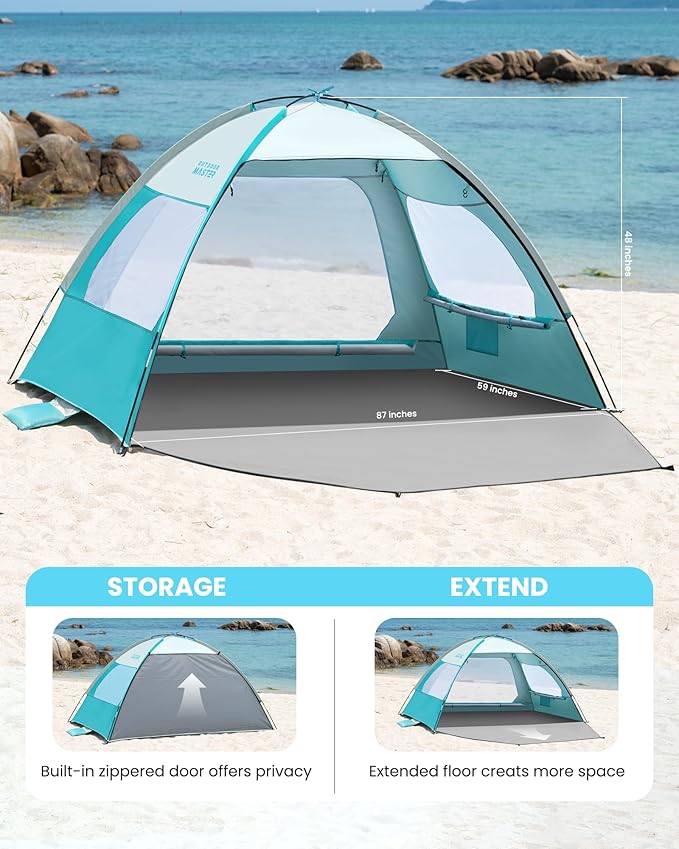 OutdoorMaster Beach Tent for 3/4/6/8 Person - Easy Setup Sun Shade Shelter Portable Beach Shade Sun Canopy with UPF 50+ UV Protection Removable Skylight Family Size