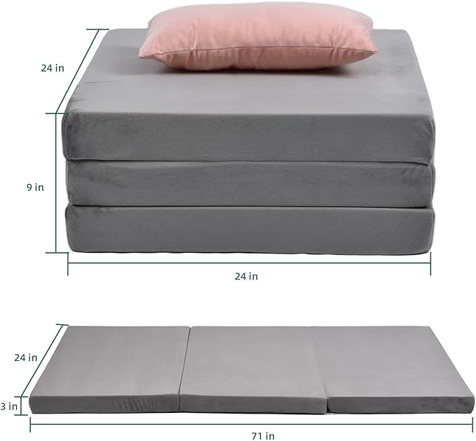 Memory Foam Foldable Mattress Trifold Floor Bed Mattress with Dust Cover Portable Waterproof Camping Pad Mat for Outdoor Sleeping Foldable for Travel Truck Bed Tent