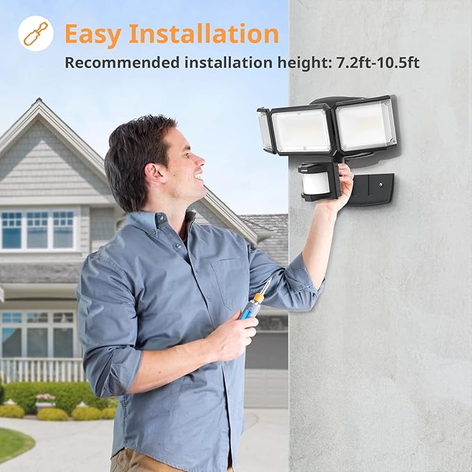 LEPOWER Battery Powered LED Flood Light Outdoor1500LM Motion Sensor Security Lights IP65 WaterproofWireless Flood Light Battery Operated3 Head Motion Detector Light for GarageYardPorch(Black)