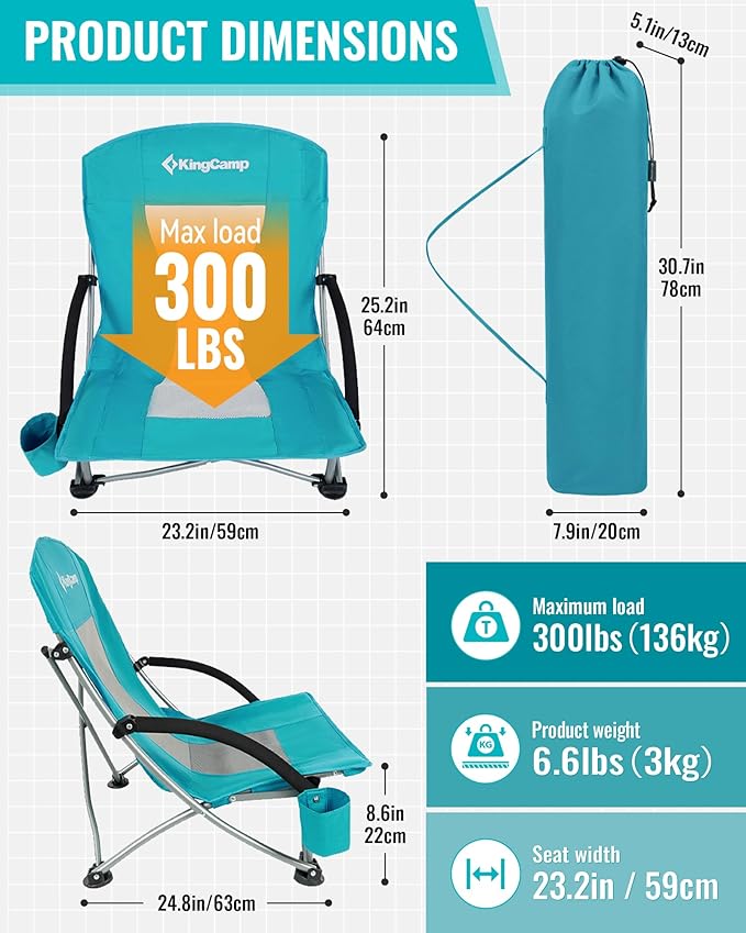KingCamp Low Beach Chair High Back Folding Camping Chair for Adults Oversized Breathable Mesh Seat 300lbs Heavy Duty Portable Chair with Cup Holder &amp Storage Pockets for Beach Outdoor