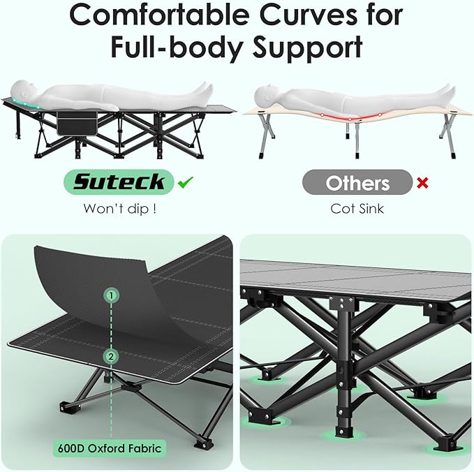 Suteck Camping Cot Folding Camping Cot Bed for Adults Sleeping 1200D Double Layer Oxford Portable Folding Outdoor Cots for Camping W/Soft Pad Carry Bag for Home Office Nap Beach Travel