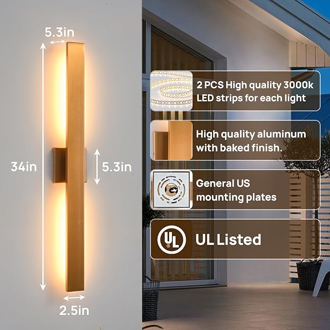 Gold Long LED Porch Lights 34 in Modern Exterior Lighting Fixtures Waterproof Aluminum &amp Glass Outdoor Wall Lights 3000K Warm Light Outside Lights for House Garage Front Door Patio2 Pack