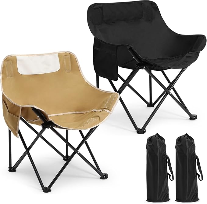 2 Pack Compact Camping Chairs Portable Folding for Outside with Carry Bag Lightweight Moon Chairs for Travel Picnic Hiking Beach Fishing 600D Oxford Supports 330lbs(Khaki Black)