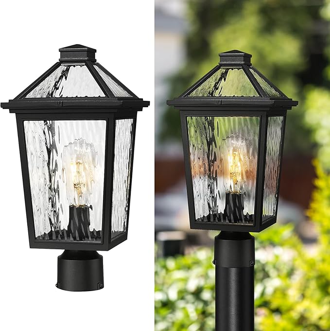 zeyu 16.5 Inch Large Post Lights Post Lamps Outdoor for Garden Porch Die-Cast Aluminum with Water Ripple Glass Black Finish ZX58MP-SW BK