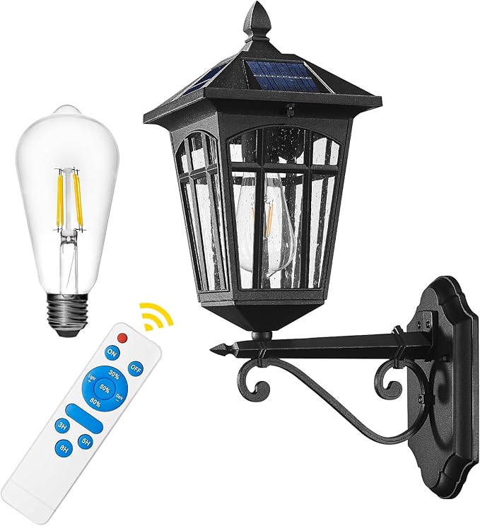 zeyu Outdoor Solar Wall Lantern 20 Inch Exterior Solar Porch Light with Remote Die-Cast Aluminum with Seeded Glass Shade Black Finish ZYX113B SL BK