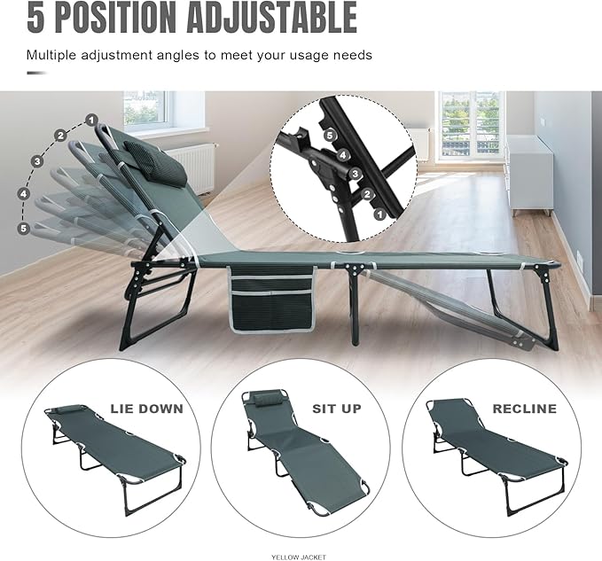 YELLOW JACKET Folding Sleeping Cot Camping Cot with Mattress for Adults 450lbs Max Load Portable Camping Cot with Pillow Adjustable 5-Position Cot for Camping HomeOfficeTravel