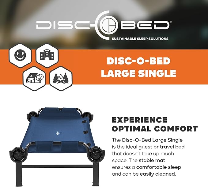 Disc-O-Bed Large Outdoor Modular 1 Person Single Camping Cot Portable Bed for Adults Sleep Solution for Tents Navy