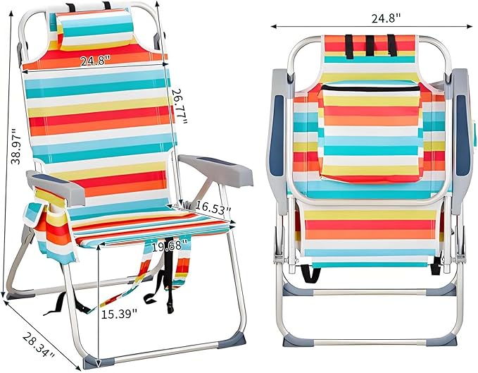 Beach Chairs for Adults with 5 Positions Folding Backpack Beach Chair with Headrest Cup Holder Towel Rack &amp Armrests Lightweight Camping Chairs for Lawn Concert Garden Picnic Rainbow Strip