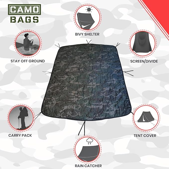 Camo Military Woobie Style Blanket- Waterproof Blankets with Adjustable Straps- 8 Pair Tie Cords military blanket with Reinforced Stitching- Ultralight RIBSTOP Travel Blanket for Camping &amp Outdoor