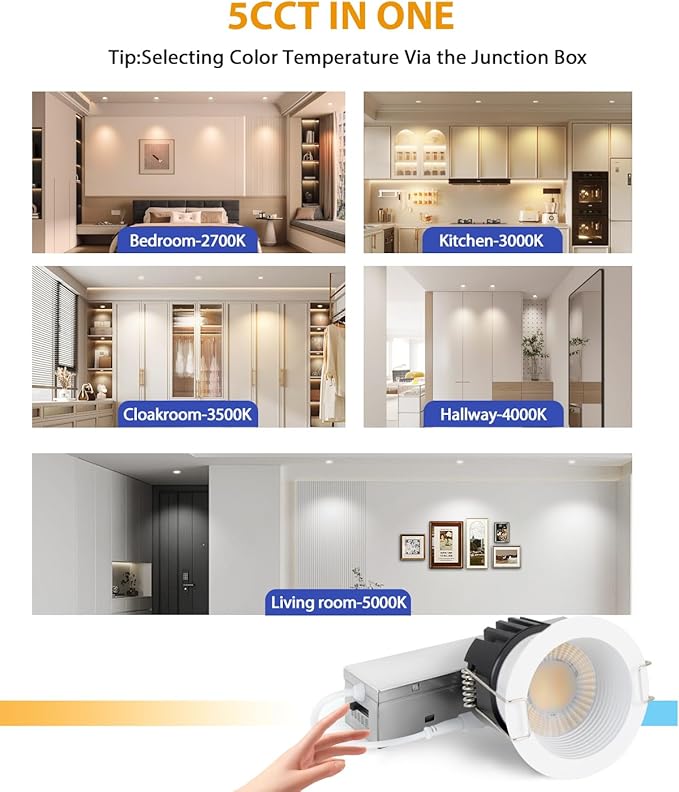 Adetu 2 Inch 5CCT Anti-Glare LED Downlight with Junction Box 2700K/3000K/4000K/5000K Selectable CRI90+ 8W COB 840LM IP65 Waterproof Dimmable-ETL and Energy Star Certified (White 6 Pack)