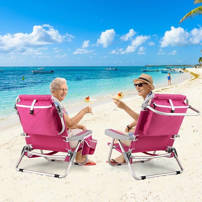 Goplus Beach Chair 2 Pack 330lbs Folding Backpack Chairs for Adults with 5 Positions Storage Pockets Towel Bar &amp Headrest Foldable Low Beach Lounge Portable Aluminum Lay Flat Camping Chair