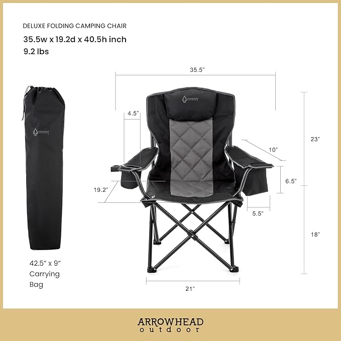 ARROWHEAD OUTDOOR 2-Pack Portable Folding Camping Quad Chair w/ 6-Can Cooler Cup &amp Wine Glass Holders Heavy-Duty Carrying Bag Padded Armrests Headrest &amp Seat Supports up to 550lbs