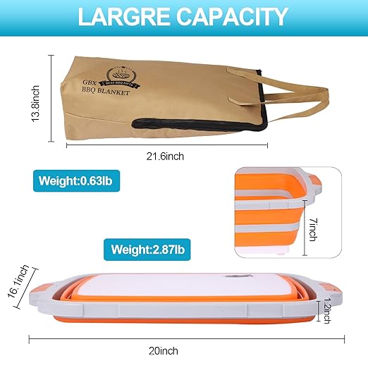 Collapsible Large BBQ Prep Tub &amp BBQ Resting Bag Foldable Cutting Board with Lid BPA Free Silicone Dish Bowl Leak Free Drain Hole for Meal Prep Marinating Food Storage(Orange)