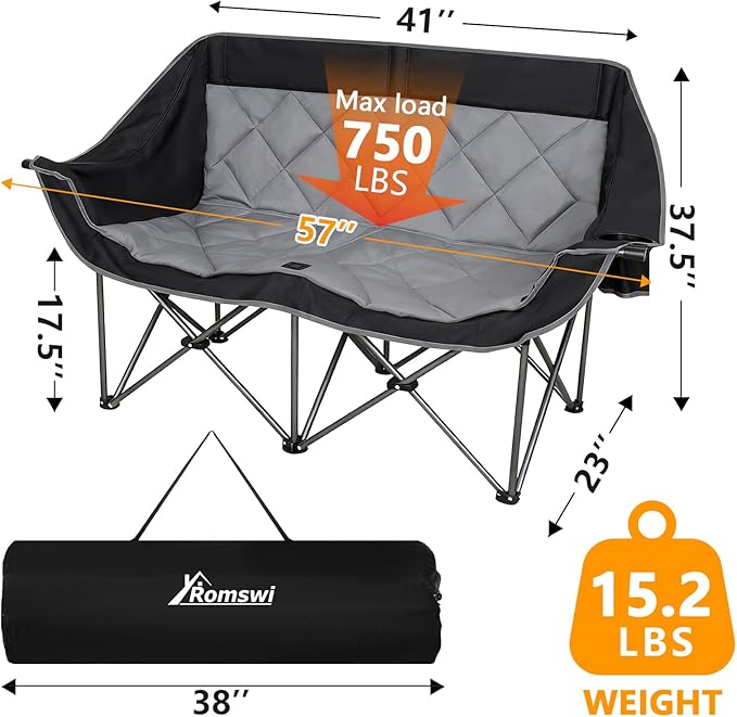 Romswi Double Camping Chair2 Person Camping Chair Oversized Folding LoveseatHeavy Duty Camping Couch &amp Outdoor Sofa with Cup HoldersSupports 750LBS
