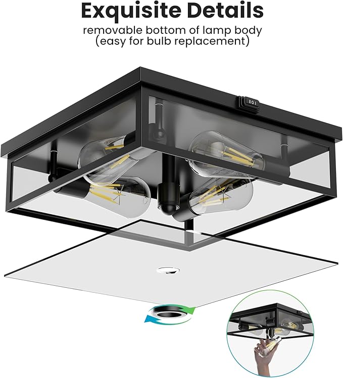Caftersmark Outdoor Ceiling Light with Motion Sensor 14‘’ Flush Mount Porch Ceiling Light lear Glass with Dusk to Dawn 4-Light Close to Ceiling Light Fixture for PatioPorchGarage