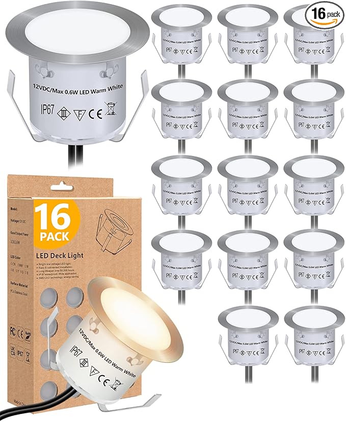 HIBOITEC Recessed LED Deck Light Kits(16Pack) 12V Low Voltage Landscape Lighting IP67 Waterproof Outdoor Step Stair Lights Warm White Deck Lighting for Garden Yard Steps Stair Patio Floor Decoration