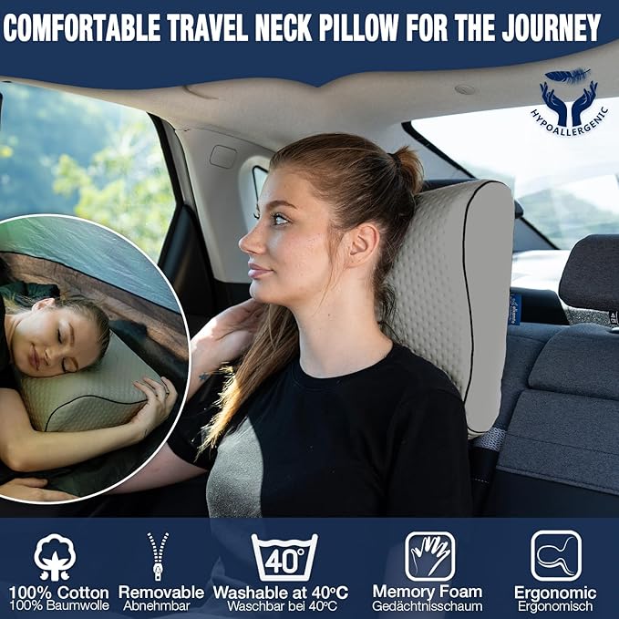 alkamto Travel &amp Camping Comfortable Memory Foam Pillow – Easy to Carry Portable Bag – Temperature Regulating Pillow Case (Grey Contour)
