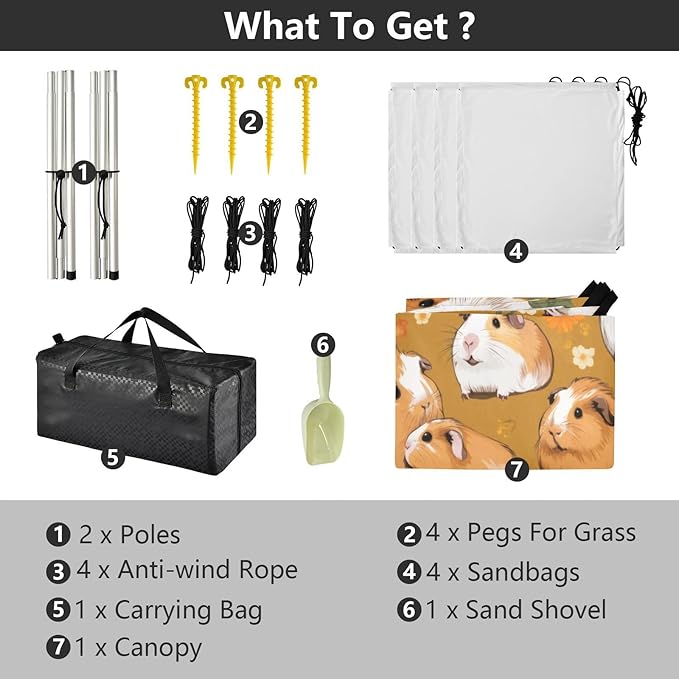 Cute Guinea Pig Beach Tent Sun Shelter 9.2' x 10.5' Beach Canopy with 4 Sandbags 4 Stability Poles Sand Shovels - Tent Canopy for Beach Camping Fishing Picnics