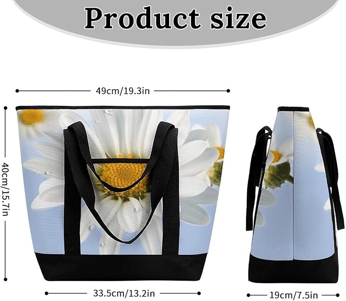 Insulated Shopping BagLarge Reusable Cooler Bags White Daisy Printed Foldable Shopping BagTravel Waterproof Shoulder Bag
