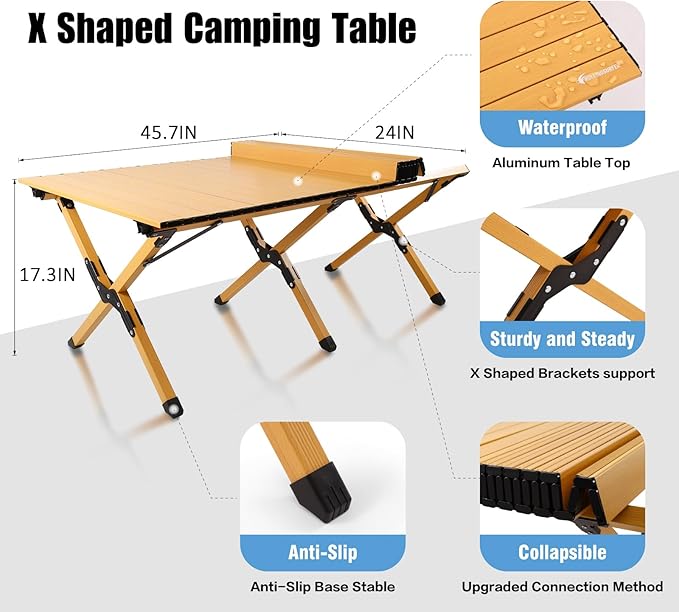 Folding Camping Table Lightweight Roll-Up Table Aluminum Low Portable Picnic Table with Easy Carrying Bag for Outdoor Beach Picnic Backyards BBQ and Party 45.2L x 23.6W x 17.3H