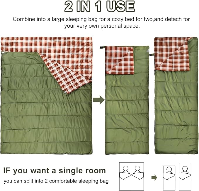 AGEMORE Cotton Flannel Double Sleeping Bag for Camping Backpacking Or Hiking. Queen Size 2 Person Waterproof Sleeping Bag for Adults Or Teens. Lightweight with Compression Sack