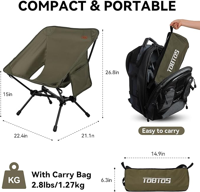 TOBTOS Portable Camping Chair Support up to 330 LBS Lightweight Folding Backpacking Chair for Outdoor Camp Travel Beach Picnic Hiking Backpacking (Army Green)