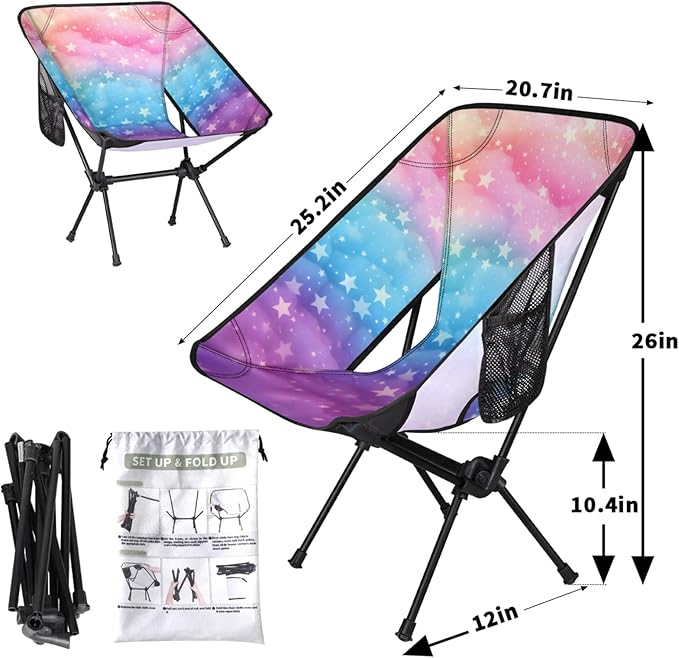Honeybaby Folding Camping Chair Stars Rainbow Color Camping Chairs Lightweight Portable Chair Outdoor Foldable Chairs for Camping Travel Picnic Beach Hiking