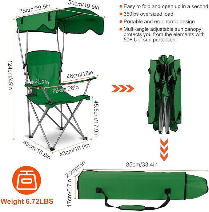 Camping Chair with Canopy Outdoor Folding Lounge Chair with Adjustable UPF 50+ Sun Shade &amp Cup Holder Portable Camping Recliner for Camp Beach Outdoor Sports 350LB Max Support - U.S Spot