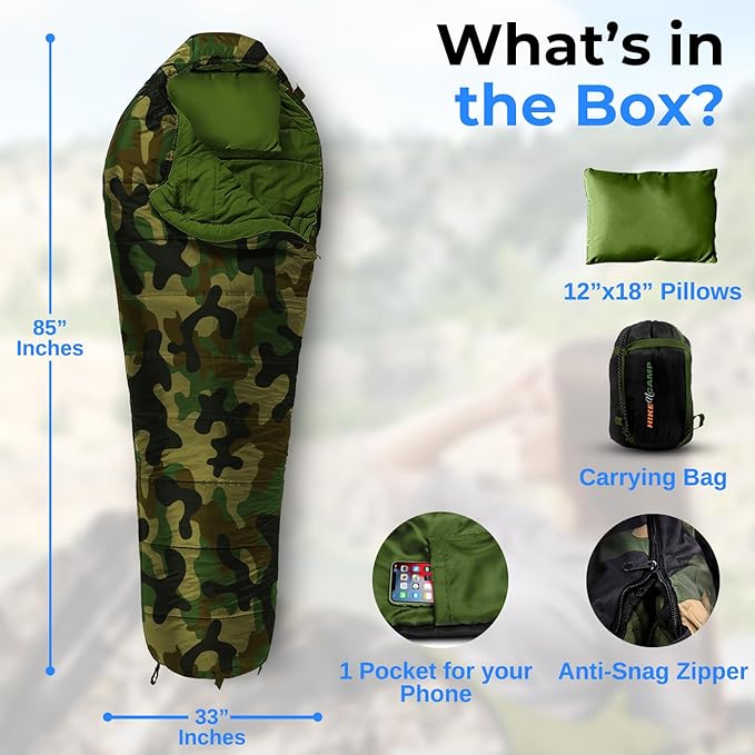 SereneLife 0 Degree Mummy Sleeping Bag – Military-Style Lightweight &amp Waterproof for Extreme Cold Stays Warm in 5–10°F No-Snag Zipper Compact Carry Bag &amp Travel Pillow for Camping &amp Ba