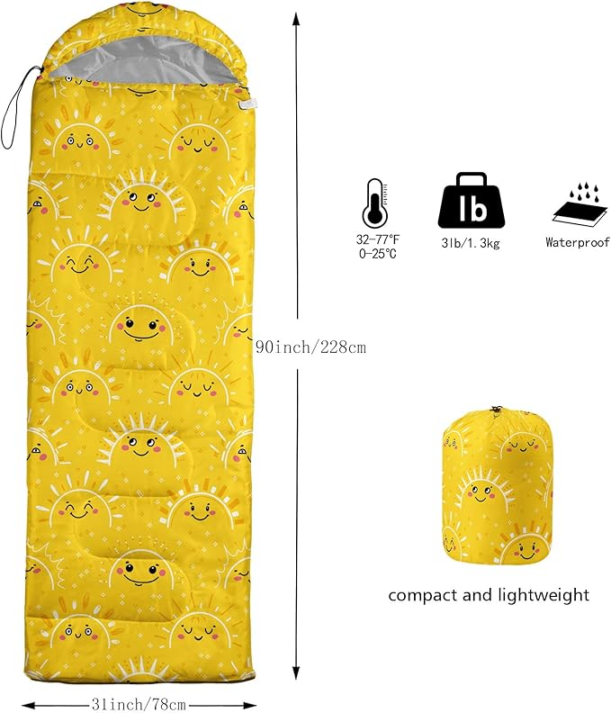 Kids Sleeping Bag for Boys GirlsCartoon Sun Print-Lightweight Warm Portable Outdoor Indoor-Waterproof Cold Weather Resistant Sleeping Bag for Camping Hiking(Cartoon Sun)