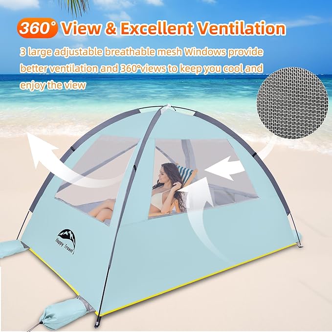Happy Travel Beach Tent UPF 50+ UV Protection Sun Shade Shelter for 3/4/5/6/7/8 Person Portable Beach Canopy for Family &amp Baby Lightweight &amp Easy Setup Beach Cabana with 3 Ventilation Mesh