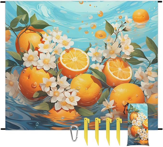 Waterproof Sandproof Beach Blanket 59''×68'' Fruit Orange Polyester Outdoor Picnic Blanket with 4 Stakes &amp Storage Bag for BeachCampingVacation Golden Yellow