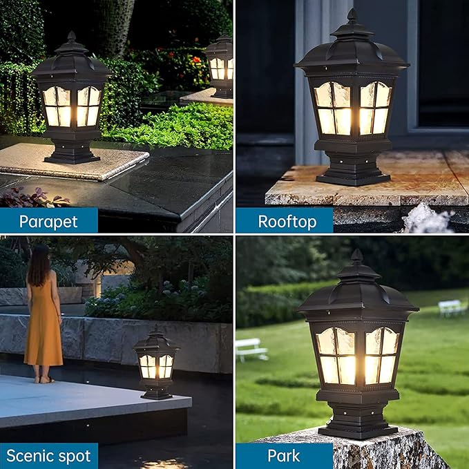 Outdoor Column Lights Waterproof Post Lights Fixture Aluminium Glass Modern Pillar ations for Patio Villa Garden Fence E26 Black