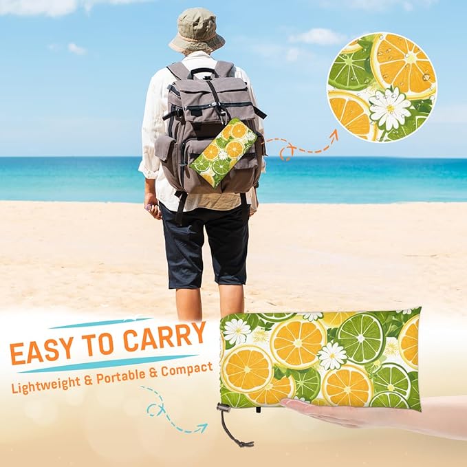 Waterproof Sandproof Beach Blanket 59''×68'' Lemon Seamless Pattern Polyester Outdoor Picnic Blanket with 4 Stakes &amp Storage Bag for BeachCampingVacation