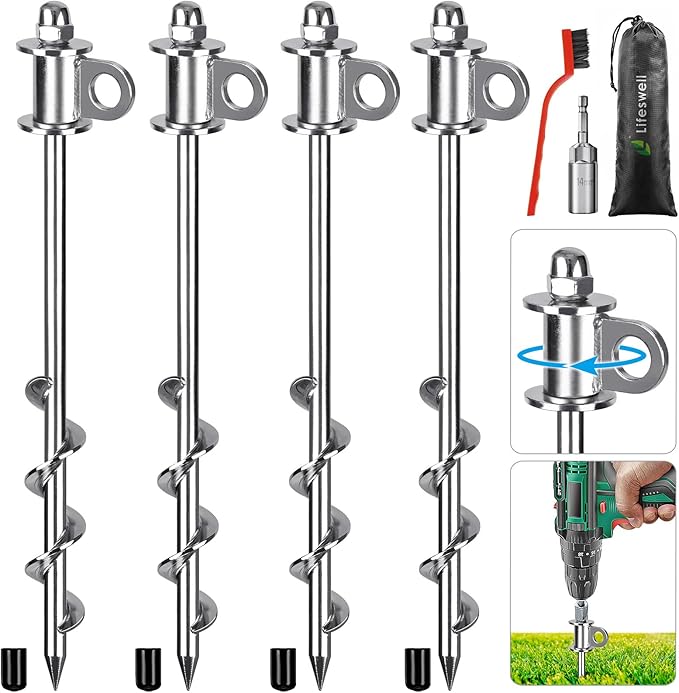 4 Pack Tent Stakes 12 Inch Heavy Duty Ground Anchors Full Welding Easy to Screw in and Reusable for Camping Tents Trampolines Sheds Swing Sets Securing Animals