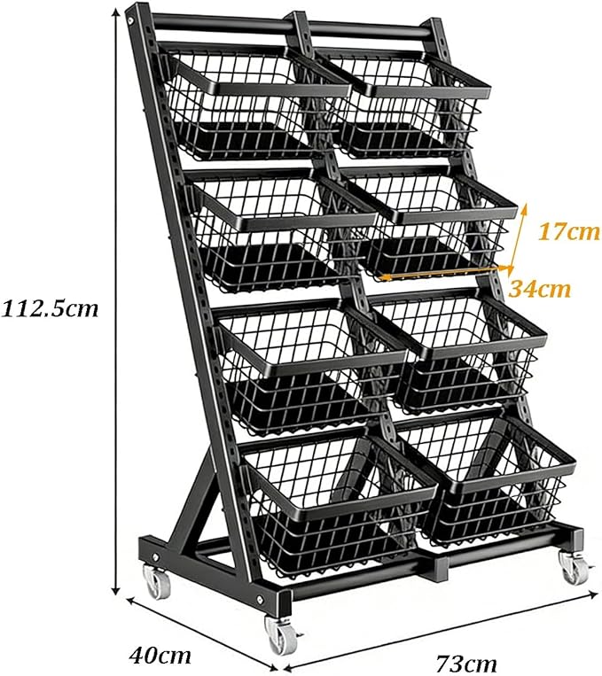 4-Tier Rolling Snack Rack Display Stand Adjustable Metal Shelves for Fruit &amp Vegetable Storage Versatile Retail Organizer for Home Kitchen &amp Market (White)